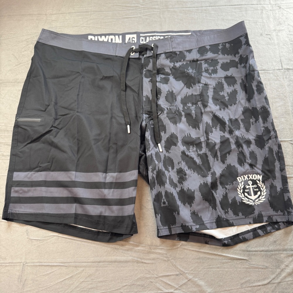 Dixxon‎ Mens Board Shorts 46 Black Grey Leopard Print Split Design The Gnar Surf